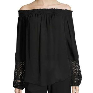 Kobi Halperin Karalee Silk Off-the-Shoulder Smocked Blouse Lace Sleeve, sz Large